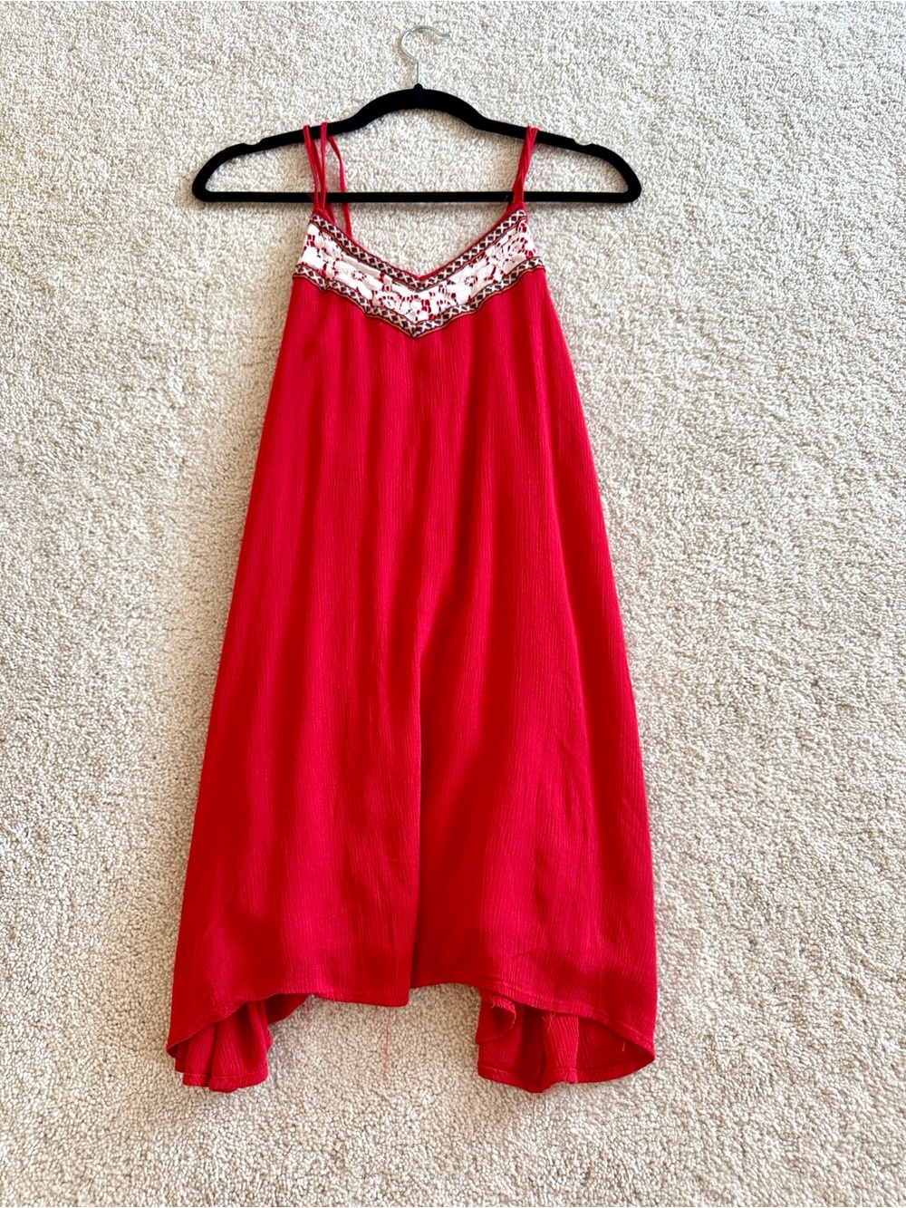 Red Embroidered Spaghetti Strap Mini Dress